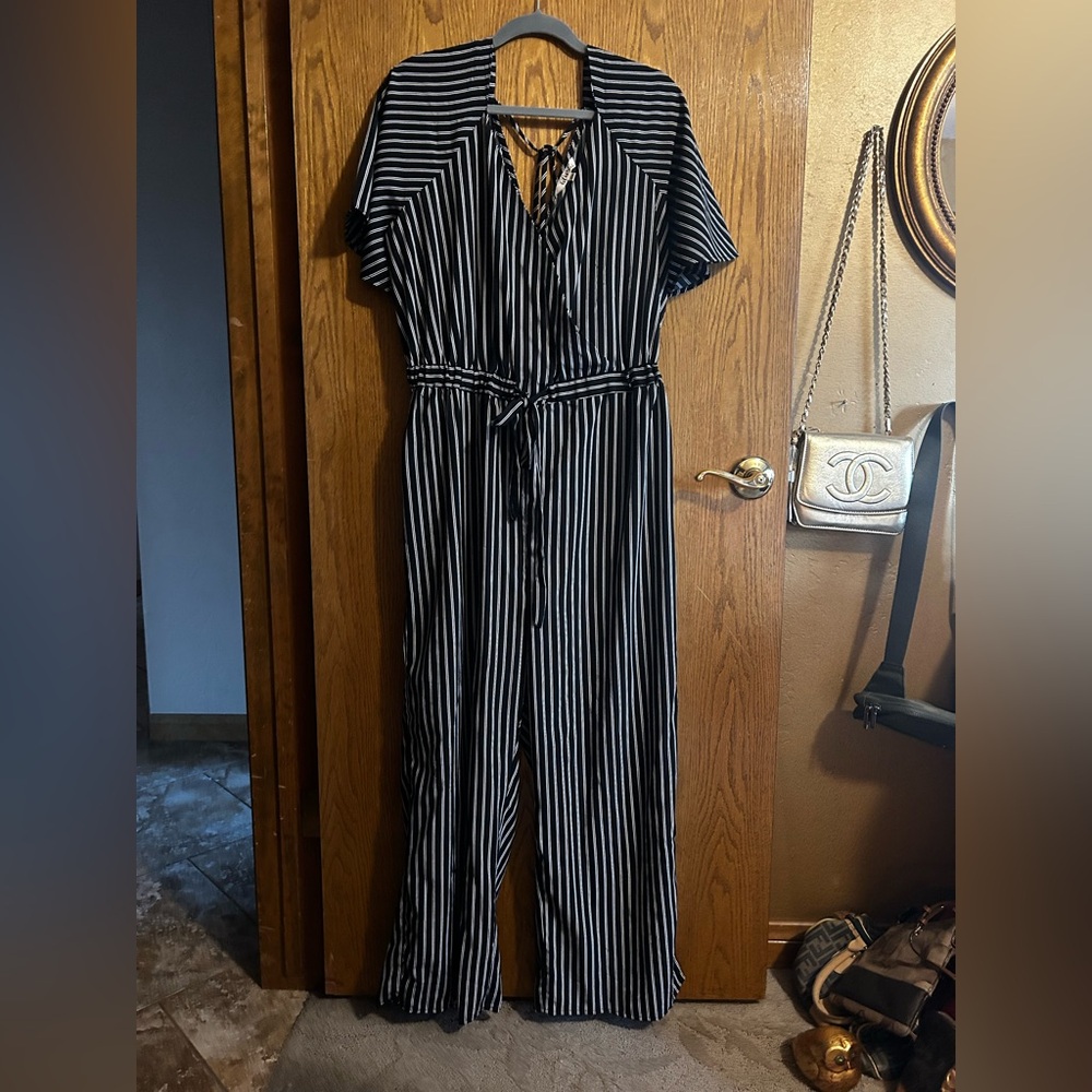 Blush Black and White Striped Jumpsuit